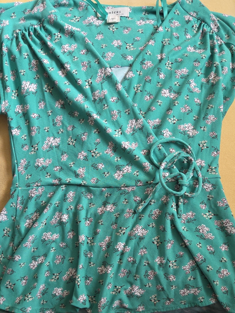 Monteau Teal Floral Asymmetrical Wrap Peplum Blouse